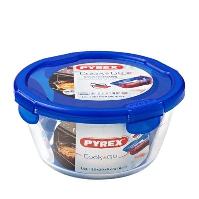 Pyrex Cook&Go 1.6L Round Storage Dish with Blue Lid - Airtight, Versatile Freezer-to-Oven Solution