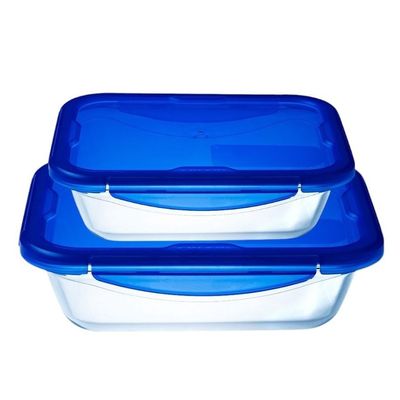 Pyrex Cook&Go Rectangle Storage Dish with Blue Lids, Set of 2 (0.8L+1.7L) - Airtight, Versatile Freezer-to-Oven Solution