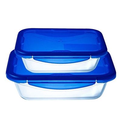 Pyrex Cook&Go Rectangle Storage Dish with Blue Lids, Set of 2 (0.8L+1.7L) - Airtight, Versatile Freezer-to-Oven Solution