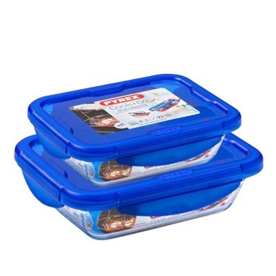 Pyrex Cook&Go Rectangle Storage Dish with Blue Lids, Set of 2 (0.8L+1.7L) - Airtight, Versatile Freezer-to-Oven Solution