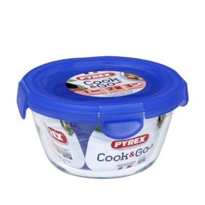 Pyrex Cook&Go 700ml Round Storage Dish with Blue Lid - Airtight, Versatile Freezer-to-Oven Solution