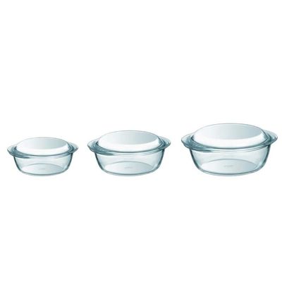 Pyrex Essential Round Casserole Set of 3 (2.3L+1.6L+1L) with Lids - Durable Borosilicate Glass for Versatile Cooking and Serving