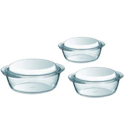 Pyrex Essential Round Casserole Set of 3 (2.3L+1.6L+1L) with Lids - Durable Borosilicate Glass for Versatile Cooking and Serving