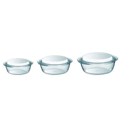 Pyrex Essential Round Casserole Set of 3 (2.3L+1.6L+1L) with Lids - Durable Borosilicate Glass for Versatile Cooking and Serving