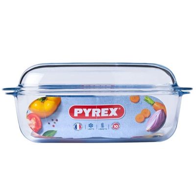 Pyrex Essential 3L Rectangular Casserole with Lid - Versatile Borosilicate Glass Dish for Baking, Roasting, and Serving