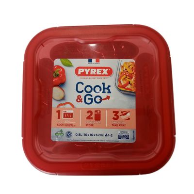 Pyrex Cook&Go 800ml Square Storage Dish with Red Lid - Airtight, Versatile Freezer-to-Oven Solution