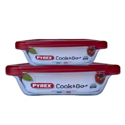 Pyrex Cook&Go Rectangular Glass Storage Dish with Airtight Red Lids, Set of 2 (0.8L+1.9L)