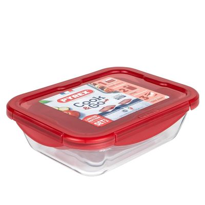 Pyrex Cook&Go Rectangular Glass Storage Dish with Airtight Red Lids, Set of 2 (0.8L+1.9L)
