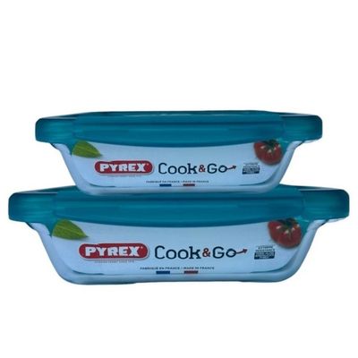 Pyrex Cook&Go Rectangular Glass Storage Dish with Airtight Green Lids, Set of 2 (0.8L+1.9L)