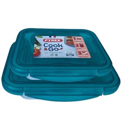 Pyrex Cook&Go Rectangular Glass Storage Dish with Airtight Green Lids, Set of 2 (0.8L+1.9L)