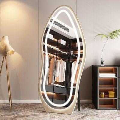 AWD Full Length Mirror Free-standing Wavy Cloud Shape Mirror with LED Light in 3 Modes, Wood Frame Long Mirror Floor Standing or Wall Mounted