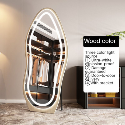 AWD Full Length Mirror Free-standing Wavy Cloud Shape Mirror with LED Light in 3 Modes, Wood Frame Long Mirror Floor Standing or Wall Mounted