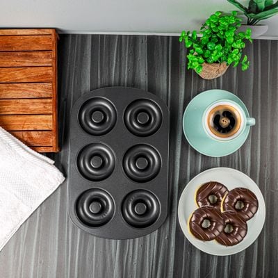 Royalford RF9903 Carbon Steel Doughnut Pans- 6 cavity, 0.5mm | Reusable Bagel Mold Tray for Prolonged Use | Microwave, & Freezer Safe | Baking Molds for Small Donuts, Cookie, Resin Art, & More