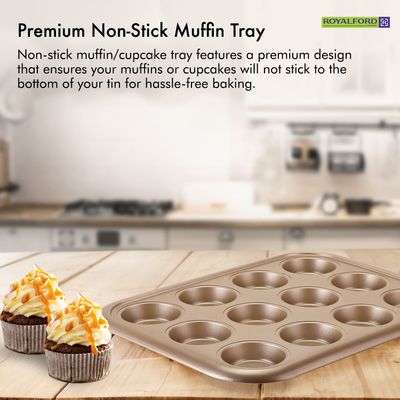 Royalford RF8793 12 Cup Muffin Pan 38x29.5x3.5cm 0.5mm thick, Oven-Safe Muffin and Cupcake Tray, Essential Non-Stick Yorkshire Pudding Tray for Baking