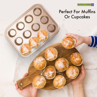 Royalford RF8793 12 Cup Muffin Pan 38x29.5x3.5cm 0.5mm thick, Oven-Safe Muffin and Cupcake Tray, Essential Non-Stick Yorkshire Pudding Tray for Baking