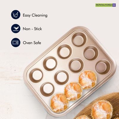 Royalford RF8793 12 Cup Muffin Pan 38x29.5x3.5cm 0.5mm thick, Oven-Safe Muffin and Cupcake Tray, Essential Non-Stick Yorkshire Pudding Tray for Baking