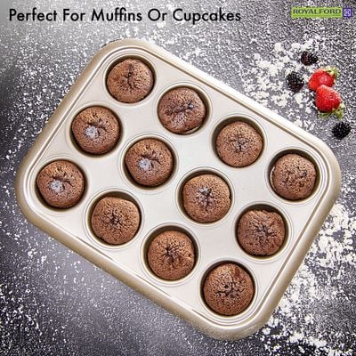 Royalford RF8793 12 Cup Muffin Pan 38x29.5x3.5cm 0.5mm thick, Oven-Safe Muffin and Cupcake Tray, Essential Non-Stick Yorkshire Pudding Tray for Baking