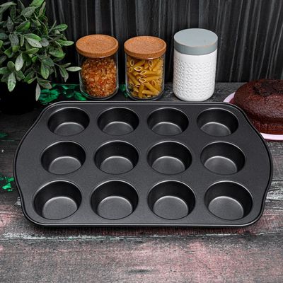 Royalford RF7042 Muffin Pan, 41.3x26.5x3 CM | Crusty Bake Baking Tray/Mince Pie Tin, 12 Holes, Silver, 12 Cup Muffin Pan, Non-Stick Baking Tray, Cupcake Baking Tin