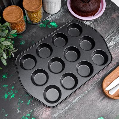 Royalford RF7042 Muffin Pan, 41.3x26.5x3 CM | Crusty Bake Baking Tray/Mince Pie Tin, 12 Holes, Silver, 12 Cup Muffin Pan, Non-Stick Baking Tray, Cupcake Baking Tin