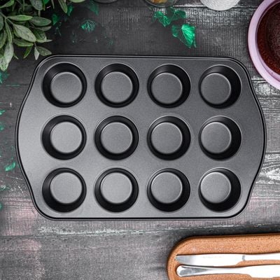 Royalford RF7042 Muffin Pan, 41.3x26.5x3 CM | Crusty Bake Baking Tray/Mince Pie Tin, 12 Holes, Silver, 12 Cup Muffin Pan, Non-Stick Baking Tray, Cupcake Baking Tin