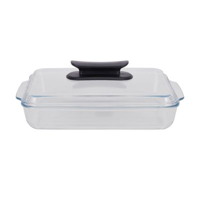 Royalford 3 L Glass Baking Dish with Lid-RF12194/ Rectangular Tray Perfect for Baking and Serving/ Casserole with Easy Grab Handles and Knob/ Oven, Dishwasher and Freezer Safe, Perfect for Making Sweet and Savory Dishes