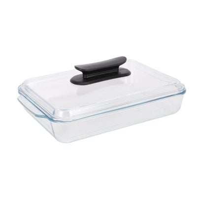 Royalford 3 L Glass Baking Dish with Lid-RF12194/ Rectangular Tray Perfect for Baking and Serving/ Casserole with Easy Grab Handles and Knob/ Oven, Dishwasher and Freezer Safe, Perfect for Making Sweet and Savory Dishes