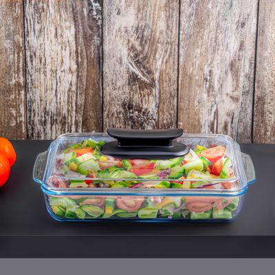 Royalford 3 L Glass Baking Dish with Lid-RF12194/ Rectangular Tray Perfect for Baking and Serving/ Casserole with Easy Grab Handles and Knob/ Oven, Dishwasher and Freezer Safe, Perfect for Making Sweet and Savory Dishes