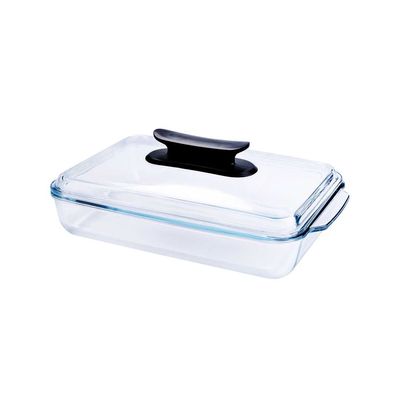 Royalford 3 L Glass Baking Dish with Lid-RF12194/ Rectangular Tray Perfect for Baking and Serving/ Casserole with Easy Grab Handles and Knob/ Oven, Dishwasher and Freezer Safe, Perfect for Making Sweet and Savory Dishes