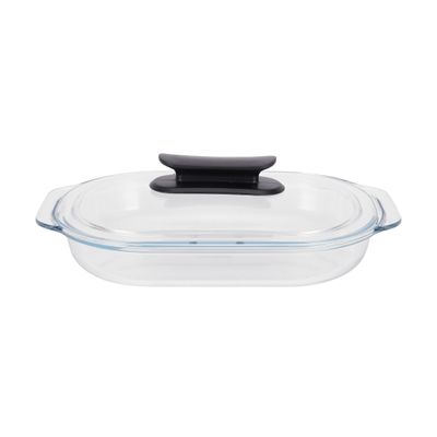 Royalford 3 L Glass Baking Dish with Lid-RF12195/ Oval Tray Perfect for Baking and Serving/ Casserole with Easy Grab Handles and Knob/ Oven, Dishwasher and Freezer Safe, Perfect for Making Sweet and Savory Dishes