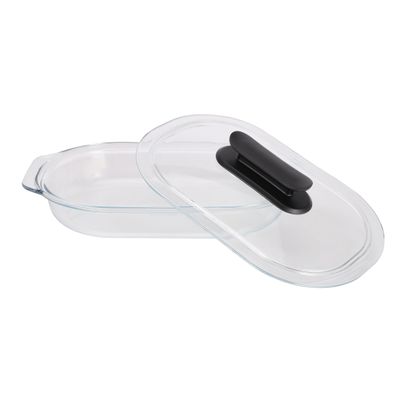 Royalford 3 L Glass Baking Dish with Lid-RF12195/ Oval Tray Perfect for Baking and Serving/ Casserole with Easy Grab Handles and Knob/ Oven, Dishwasher and Freezer Safe, Perfect for Making Sweet and Savory Dishes