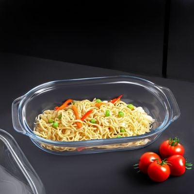 Royalford 3 L Glass Baking Dish with Lid-RF12195/ Oval Tray Perfect for Baking and Serving/ Casserole with Easy Grab Handles and Knob/ Oven, Dishwasher and Freezer Safe, Perfect for Making Sweet and Savory Dishes