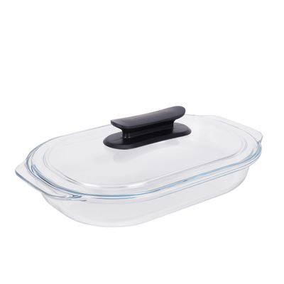 Royalford 3 L Glass Baking Dish with Lid-RF12195/ Oval Tray Perfect for Baking and Serving/ Casserole with Easy Grab Handles and Knob/ Oven, Dishwasher and Freezer Safe, Perfect for Making Sweet and Savory Dishes