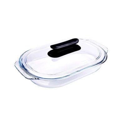 Royalford 3 L Glass Baking Dish with Lid-RF12195/ Oval Tray Perfect for Baking and Serving/ Casserole with Easy Grab Handles and Knob/ Oven, Dishwasher and Freezer Safe, Perfect for Making Sweet and Savory Dishes