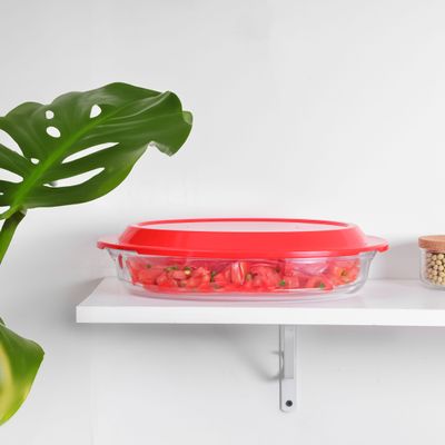 Royalford 0.8 L Glass Baking Dish with Lid-RF12199/ Oval Tray Perfect for Baking and Serving/ Casserole with Easy Grab Handles and Knob/ Oven, Dishwasher and Freezer Safe, Perfect for Making Sweet and Savory Dishes