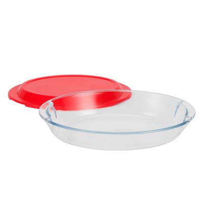 Royalford 2.2 L Glass Baking Dish with Lid-RF12197/ Oval Tray Perfect for Baking and Serving/ Casserole with Easy Grab Handles and Knob/ Oven, Dishwasher and Freezer Safe, Perfect for Making Sweet and Savory Dishes