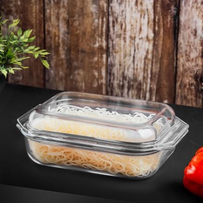 Royalford 1.35 L Glass Baking Dish with Lid-RF12204/ Rectangle Tray Perfect for Baking and Serving/ Casserole with Easy Grab Handles/ Oven, Dishwasher and Freezer Safe, Perfect for Making Sweet and Savory Dishes