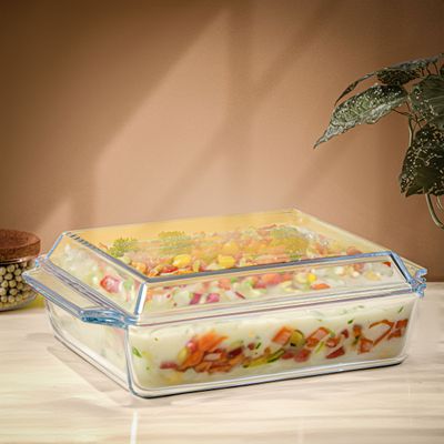 Royalford 1.5 L Glass Baking Dish with Lid-RF12206/ Rectangle Tray Perfect for Baking and Serving/ Casserole with Easy Grab Handles/ Oven, Dishwasher and Freezer Safe, Perfect for Making Sweet and Savory Dishes