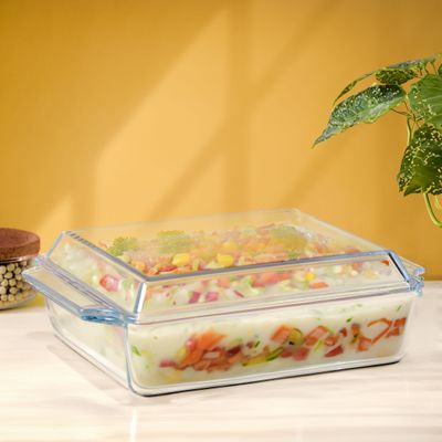 Royalford 1.0 L Glass Baking Dish with Lid-RF12207/ Rectangle Tray Perfect for Baking and Serving/ Casserole with Easy Grab Handles/ Oven, Dishwasher and Freezer Safe, Perfect for Making Sweet and Savory Dishes