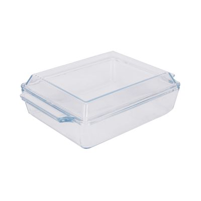 Royalford 2.0 L Glass Baking Dish with Lid-RF12205/ Rectangle Tray Perfect for Baking and Serving/ Casserole with Easy Grab Handles/ Oven, Dishwasher and Freezer Safe, Perfect for Making Sweet and Savory Dishes