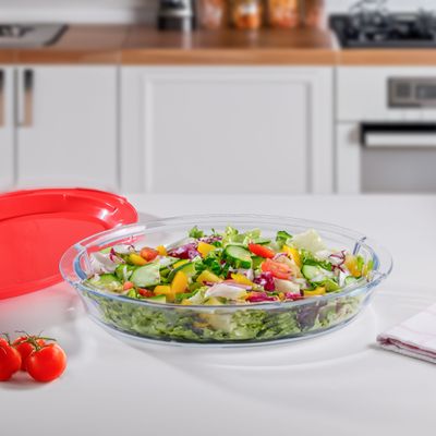 Royalford 3.5 L Glass Baking Dish with Lid-RF12196/ Oval Tray Perfect for Baking and Serving/ Casserole with Easy Grab Handles and Knob/ Oven, Dishwasher and Freezer Safe, Perfect for Making Sweet and Savory Dishes