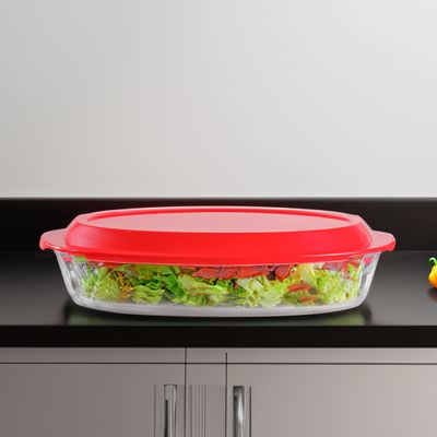 Royalford 3.5 L Glass Baking Dish with Lid-RF12196/ Oval Tray Perfect for Baking and Serving/ Casserole with Easy Grab Handles and Knob/ Oven, Dishwasher and Freezer Safe, Perfect for Making Sweet and Savory Dishes