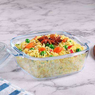 Royalford 0.8 L Glass Baking Dish with Lid-RF12201/ Square Tray Perfect for Baking and Serving/ Casserole with Easy Grab Handles and Knob/ Oven, Dishwasher and Freezer Safe, Perfect for Making Sweet and Savory Dishes