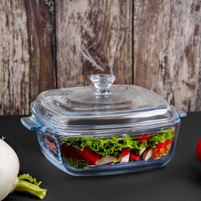 Royalford 1.5 L Glass Baking Dish with Lid-RF12200/ Square Tray Perfect for Baking and Serving/ Casserole with Easy Grab Handles and Knob/ Oven, Dishwasher and Freezer Safe, Perfect for Making Sweet and Savory Dishes