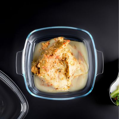 Royalford 1.5 L Glass Baking Dish with Lid-RF12200/ Square Tray Perfect for Baking and Serving/ Casserole with Easy Grab Handles and Knob/ Oven, Dishwasher and Freezer Safe, Perfect for Making Sweet and Savory Dishes