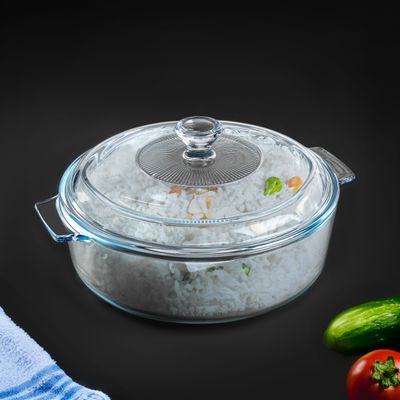 Royalford 1.7 L Glass Baking Dish with Lid-RF12202/ Round Tray Perfect for Baking and Serving/ Casserole with Easy Grab Handles and Knob/ Oven, Dishwasher and Freezer Safe, Perfect for Making Sweet and Savory Dishes