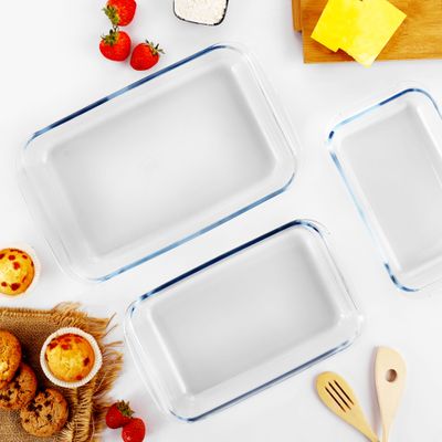 Royalford RF8803 Rectangle Borosilicate Glass Baking Trays - 3pcs Set - Roasting & Baking Tray | Oven Safe, Dishwasher & Freezer Safe | Ideal for Cooking Serving Storing Freezing Roasting | 1L, 1.6L & 2.2L