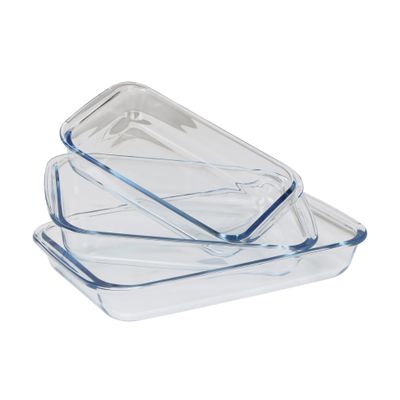 Royalford RF8803 Rectangle Borosilicate Glass Baking Trays - 3pcs Set - Roasting & Baking Tray | Oven Safe, Dishwasher & Freezer Safe | Ideal for Cooking Serving Storing Freezing Roasting | 1L, 1.6L & 2.2L