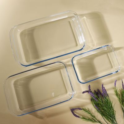 Royalford RF8802 Rectangle Borosilicate Glass Baking Trays - 3 pcs set - Roasting & Baking Tray | Oven Safe, Fridge, Dishwasher & Freezer Safe | Easy Clean | Ideal for Cooking Serving Storing Freezing Roasting