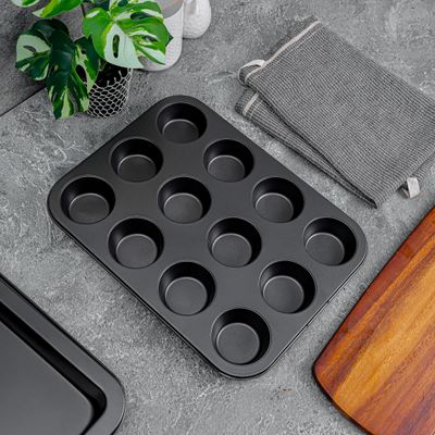 Royalford RF9900 3 Pcs Carbon Steel Non-stick Bakeware Set - Non-stick Cookie Sheet / Baking Sheet, 12Pcs Muffin Pan / Cupcake Pan & Roasting Pan | Wide Handle | Bread Dessert Bakeware, Sponge Cake Chocolate for baking