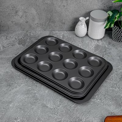 Royalford Non-stick Bakeware Set, Includes Non-stick Bun Pan, Cookie Sheet / Baking Sheet & 12Pcs Muffin Pan / Cupcake Pan - 3 Piece, Latte Brown with Comfortable Handle 